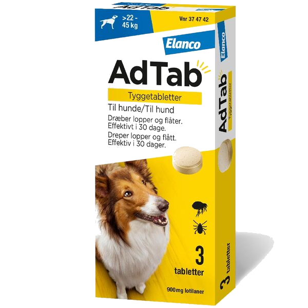 AdTab flått tyggetablett til hund 22-45kg 900mg, 3 stk.