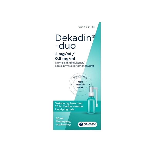Dekadin-duo 2 mg/ml/0,5 mg/ml munnspray, oppløsning med mentolsmak, 30 ml