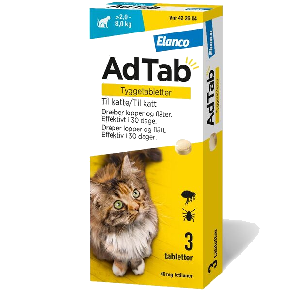 AdTab flått tyggetablett til katt 2-8kg 48mg, 3 stk.