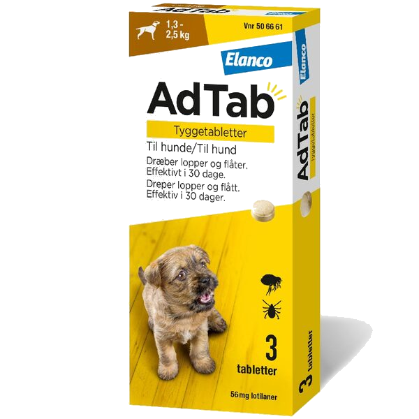 AdTab flått tyggetablett til hund 1,3-2,5kg, 56mg, 3 stk.