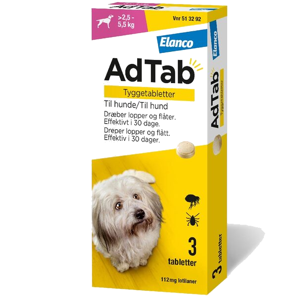 AdTab flått tyggetablett til hund 2,5-5,5kg, 112mg, 3 stk.