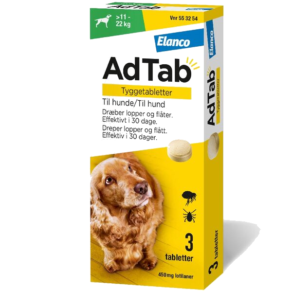 AdTab flått tyggetablett til hund 11-22kg, 450mg, 3 stk.